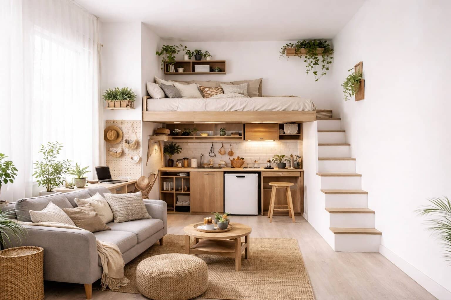 Studio 20m² aménagé avec séparation espaces et rangements optimisés par architecte d'intérieur Rouen