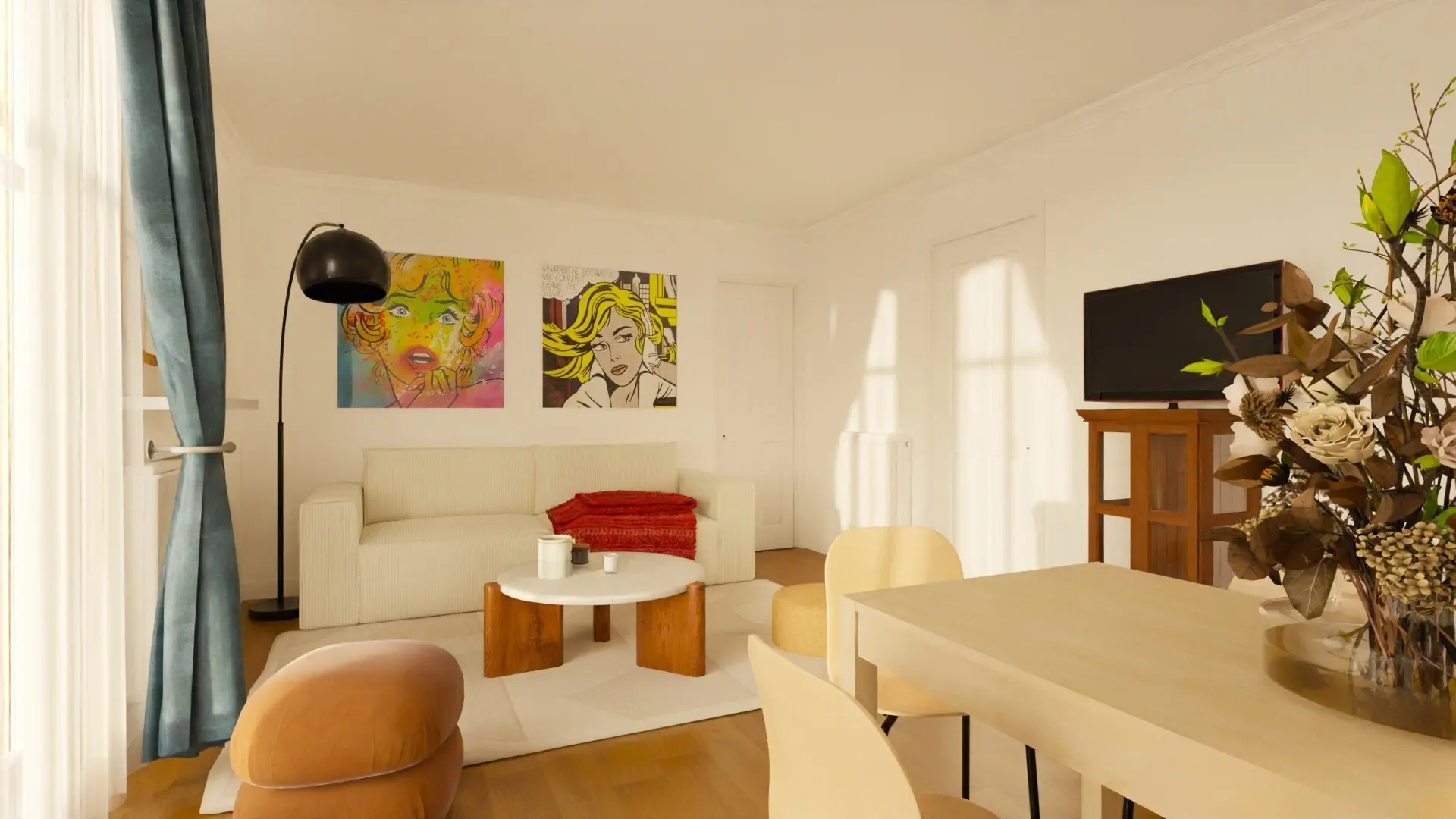 Salon salle à manger appartement haussmannien optimisé avec bibliothèque intégrée et palette jaune miel - architecte d'intérieur