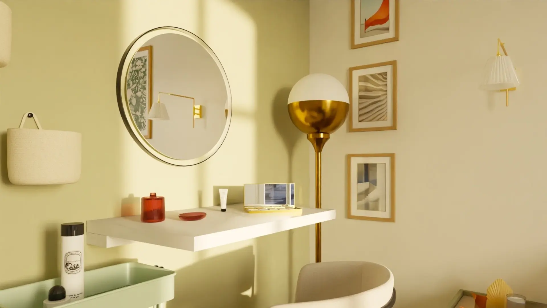 Chambre petite surface avec mur vert sauge, tête de lit arrondie écrue, linge vert prairie et appliques dorées – architecte d'intérieur Rouen